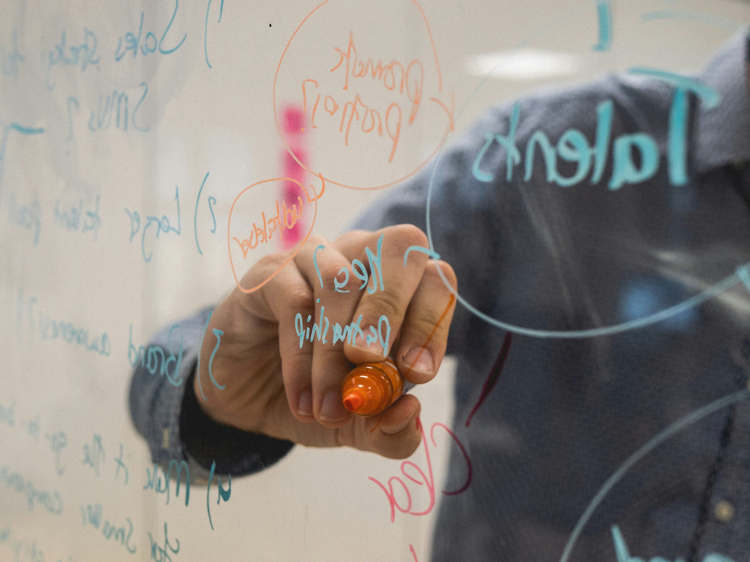 a translucent whiteboard with various scribbles and markings in colors. a person is drawing something using an orange marker